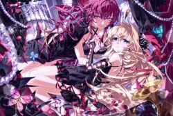 Rule 34 | 2girls, ahoge, armpit crease, artist self-insert, back, bare back, bare legs, bare shoulders, bed, black coat, black dress, black gloves, black ribbon, blonde hair, blue eyes, blurry, blurry background, breasts, bug, butterfly, cleavage, closed mouth, coat, coat on shoulders, collarbone, commission, couple, cup, dress, drinking glass, earrings, elbow gloves, falling petals, fingerless gloves, frilled dress, frills, from above, from side, glint, glove cutout, gloves, glowing, glowing butterfly, hair between eyes, hair flowing over, hair intakes, hair ribbon, hand up, high heels, highres, holding, holding cup, honkai: star rail, honkai (series), huge ahoge, indoors, insect, jewelry, kafka (honkai: star rail), large breasts, light blush, light smile, long hair, looking at viewer, looking down, looking to the side, low ponytail, lying, m1z1xk, multicolored background, multiple girls, oc x canon, on bed, on side, on stomach, original, parted lips, petals, pink lips, ponytail, purple eyes, purple hair, red ribbon, ribbon, second-party source, string of pearls, thighs, wavy hair, yuri