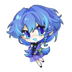 1girl :d aqua_hair ascot back_bow black_dress black_shoes blue_ascot blue_eyes blue_hair blue_tongue bow braid chibi chinese_commentary colored_tongue commentary_request crescent crescent_hair_ornament cross-laced_clothes cross-laced_dress double-parted_bangs dress fewer_digits full_body green_bow green_ribbon hair_between_eyes hair_intakes hair_ornament highres ive0iv7307 knees_together_feet_apart long_hair long_sleeves looking_at_viewer medium_skirt multicolored_hair no_nose open_mouth original plants_vs._zombies plants_vs._zombies_2 pleated_skirt puffy_long_sleeves puffy_sleeves purple_pupils purple_skirt ribbon ribbon-trimmed_sleeves ribbon_trim see-through_clothes see-through_skirt see-through_sleeves shoes side_braid simple_background single_braid skirt sleeveless sleeveless_dress smile solo sparkle standing standing_on_one_leg streaked_hair two-tone_hair waving white_background
