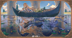 2girls absurdres bare_legs bare_shoulders black_collar black_dress blonde_hair blue_eyes breasts canoe cartethyia_(wuthering_waves) chinese_commentary collar commentary_request crown_of_thorns different_reflection dress dual_persona earrings flower highres holding holding_sword holding_weapon jewelry large_breasts legs long_hair multiple_girls pointy_ears reflection reflective_water sidelocks sitting small_breasts split_theme sword tabard tacet_mark_(wuthering_waves) thighs toto_(caaaaarrot) very_long_hair water weapon white_tabard wuthering_waves