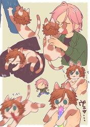 Rule 34 | 1boy, anger vein, animal, animalization, black shirt, cat, closed eyes, commentary, ensemble stars!, green shirt, highres, holding, holding animal, holding cat, kiri futoshi, male focus, mikejima madara, motion blur, multiple views, oukawa kohaku, pink hair, running, scratching, shedding, shirt, short hair, symbol-only commentary, vomiting rainbows