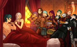 Rule 34 | 4girls, 5boys, armor, bed sheet, bernadetta von varley, bernadetta von varley (timeskip), birthday cake, black hair, blue hair, cake, candle, caspar von bergliez, caspar von bergliez (timeskip), closed eyes, commentary, covering another&#039;s eyes, curtains, dark-skinned female, dark skin, dorothea arnault, dorothea arnault (timeskip), edelgard von hresvelg, edelgard von hresvelg (timeskip), embarrassed, english commentary, ferdinand von aegir, ferdinand von aegir (timeskip), fire emblem, fire emblem: three houses, food, giving up the ghost, green hair, height difference, hetero, hickey, highres, hubert von vestra, hubert von vestra (timeskip), indoors, linhardt von hevring, linhardt von hevring (timeskip), long hair, lying, male byleth (fire emblem), multiple boys, multiple girls, muscular, muscular male, naked sheet, nintendo, on bed, orange hair, pauldrons, petra macneary, petra macneary (timeskip), profile, purple hair, sethkiel, short hair, shoulder armor, wavy hair, white hair, window