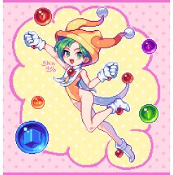 1girl :d arm_up border clenched_hands coattails commentary_request covered_navel floating_clothes full_body gloves green_hair hat leg_up leotard looking_at_viewer open_mouth orb partial_commentary pink_border pixel_art puzzle_bobble raised_fist shinku_castle short_hair smile solo twinkle_(puzzle_bobble) white_footwear white_gloves yellow_hat yellow_leotard