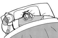 alarm_clock arm_up bkub clock futon greyscale gundam halftone holding looking_at_clock mecha meme monochrome no_humans pillow robot rx-78-2_gundam simple_background under_covers white_background