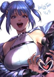 1girl absurdres blue_jacket blue_nails braid breasts character_name collarbone duel_monster evil_twin_ki-sikil four-finger_heart_hands goston500 green_eyes hair_between_eyes hair_ornament heart heart_hands highres jacket ki-sikil_(yu-gi-oh!) large_breasts leotard lil-la_(yu-gi-oh!) looking_at_viewer official_alternate_costume official_alternate_hairstyle open_mouth short_hair simple_background solo star_(symbol) star_hair_ornament twin_braids white_background white_leotard yu-gi-oh!