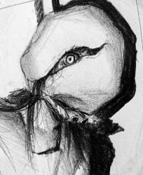 1girl bag_over_head black_hair close-up covered_face frills graphite_(medium) greyscale highres horror_(theme) kansouki looking_at_viewer medium_hair monochrome one_eye_covered original portrait rope rope_around_neck shadow simple_background solo traditional_media white_background