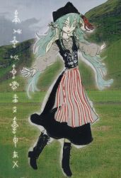1girl alternate_costume aqua_eyes aqua_hair black_boots boots bunad cloud cloudy_sky day dress gluggave grass hair_ornament hat hatsune_miku highres hill iceland icelandic_clothes long_sleeves looking_at_viewer meadow outdoors photo_(medium) real_life sigil sky smile solo standing twintails vocaloid worldwide_miku