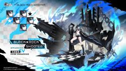 1girl azur_lane belt bikini black_bikini black_rock_shooter black_rock_shooter_(character) blue_eyes blue_fire blue_hair boots breasts cannon chain character_name commentary fire flaming_eye front-tie_bikini_top front-tie_top high_heel_boots high_heels highres holding holding_sword holding_weapon jacket katana knee_boots multiple_expressions navel official_art rigging shorts small_breasts swimsuit sword twintails weapon