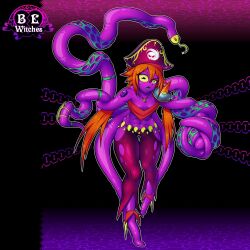 1girl abs animated animated_gif armor be_witches breast_expansion breasts cleavage colored_sclera colored_skin covered_erect_nipples female_focus full_body gigantic_breasts hat highres hook huge_breasts jewelry large_breasts long_hair looking_at_viewer necklace octopus official_art orange_hair pirate_hat purple_skin sharp_teeth shoulder_armor small_breasts solo tattoo teeth tentacles thigh_gap yellow_sclera