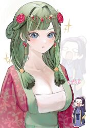 1boy 1girl alternate_breast_size blue_eyes breasts bun_cover chinese_clothes closed_mouth coat dress eyelashes flower gem green_dress green_hair hair_bun hair_flower hair_ornament hanfu highres iyakujo jinshi_(kusuriya_no_hitorigoto) kusuriya_no_hitorigoto large_breasts lipstick long_hair low_twintails makeup maomao_(kusuriya_no_hitorigoto) mini_person miniboy o_o open_mouth pale_skin purple_eyes red_coat red_flower single_hair_bun sparkle tiara twintails