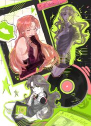 1girl bare_shoulders black_dress black_gloves blondie blush bow bowtie collared_shirt commentary dress earrings elbow_gloves evening_gown furrowed_brow gloves green_eyes green_outline grid_background headphones headphones_around_neck heart highres hoop_earrings jewelry kininatteru_hito_ga_otoko_ja_nakatta lip_balm long_hair multiple_views official_alternate_costume oosawa_aya orange_eyes orange_hair outline parted_bangs partially_colored punsai record school_uniform scrunchie shirt skirt star_(symbol) sweater_vest wavy_hair wrist_scrunchie