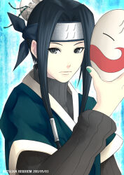 1boy aqua_background black_eyes black_hair bun_cover closed_mouth forehead_protector green_nails hair_bun haku_(naruto) k-suwabe kirigakure_symbol male_focus mask nail_polish naruto_(classic) naruto_(series) ninja solo trap upper_body