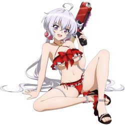 1girl ahoge breasts cleavage dolphin_wave game_cg grey_hair hair_ornament hair_scrunchie hand_on_ground high_heel_sandals highres holding holding_water_gun large_breasts light_blush long_hair low_twintails navel non-web_source official_alternate_costume official_art open_mouth pearl_anklet pink_scrunchie purple_eyes sandals scrunchie senki_zesshou_symphogear shiny_skin simple_background sitting smile solo string_of_pearls transparent_background twintails underboob water_gun yukine_chris
