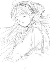 Rule 34 | 1girl, ainu clothes, closed eyes, hair ribbon, highres, long hair, lying, monochrome, nakoruru, on side, ribbon, samurai spirits, sketch, sleeping, snk, solo, the king of fighters