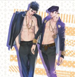 2boys abs belt black_hair bracelet brown_belt chain character_request cigarette cowboy_shot hand_in_pocket higashikata_josuke highres holding holding_cigarette jacket jacket_on_shoulders jewelry jojo_no_kimyou_na_bouken multiple_boys pendant pompadour short_hair signature sparkle vrekx_x