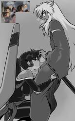 1boy 1girl absurdres aldharoku animal_ears bare_shoulders blush bodysuit boomerang breasts censored dog_ears fellatio from_side hetero highres huge_weapon inuyasha inuyasha_(character) japanese_clothes large_breasts long_hair mosaic_censoring oral penis ponytail ribbon-trimmed_sleeves ribbon_trim sango_(inuyasha) screenshot_inset weapon