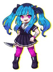 1girl amemiya_darumi bandaged_arm bandages black_boots black_bow black_hair black_skirt blue_hair boots bow chibi choker full_body hair_bow highres holding holding_knife kedamamax knife long_hair makeup multicolored_hair open_mouth piercing pink_eyes pink_thighhighs pleated_skirt red_choker runny_makeup sailor_collar short_sleeves simple_background skirt solo the_hundred_line_-last_defense_academy- thighhighs twintails white_background white_sailor_collar