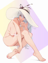 1girl bare_shoulders barefoot blue_eyes breasts censored commentary completely_nude english_commentary feet feguimel gradient_background hair_between_eyes hat highres karina_(feguimel) large_breasts leaning_forward legs long_hair nude original sitting smirk solo star_censor sun_hat toenails toes white_hat