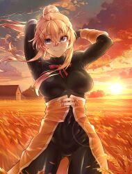 1girl absurdres armor armpits arms_behind_head blonde_hair blue_eyes bodysuit breasts covered_navel darkness_(konosuba) highres kono_subarashii_sekai_ni_shukufuku_wo! large_breasts legs long_hair looking_at_viewer smile solo sunset thighs