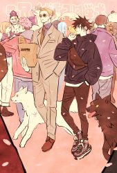 4girls 6+boys animal bag black_eyes black_footwear black_hair black_jacket black_pants blonde_hair blue_hair blue_shirt bread brown_hair collared_shirt dagon_(jujutsu_kaisen) dog dress_shirt facing_away food formal_clothes full_body fushiguro_megumi getou_suguru grey_jacket grey_pants grey_suit hair_bun hanami_(jujutsu_kaisen) hand_in_pocket hand_up high_collar high_ponytail highres holding holding_bag hood hood_down hoodie inumaki_toge itadori_yuuji jacket jujutsu_kaisen kamo_noritoshi kugisaki_nobara long_sleeves looking_away male_focus miwa_kasumi monster multiple_boys multiple_girls muta_kokichi nanami_kento necktie nishimiya_momo panda panda_(jujutsu_kaisen) pants pink_background pink_hair pointing pointing_at_another ponytail purple_jacket red_hoodie round_eyewear satchel scar scar_on_face shirt shoes short_hair single_hair_bun sneakers spiked_hair suit sunglasses swept_bangs takeuchi_ryousuke toudou_aoi_(jujutsu_kaisen) undercut white_pants yellow_neckwear zen&#039;in_maki zenin_mai