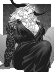 1girl border breasts demon_horns dress dungeon_meshi fishnet_sleeves fishnets furry furry_female genderswap genderswap_(mtf) greyscale highres horns large_breasts lion_girl mane monochrome plunging_neckline sitting sleeveless sleeveless_dress smile spoilers white_border winged_lion_(dungeon_meshi) wushutaichuitousangqideyizhichong
