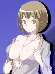 1girl breasts brown_eyes brown_hair collarbone devil_survivor_(series) devil_survivor_2 large_breasts looking_at_viewer name_tag nitta_io onaka_itai short_hair simple_background smile solo sweat