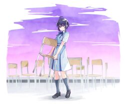 1girl 22/7 ahoge belt black_hair black_shoes black_socks blue_belt blue_bow blue_bowtie blue_dress boku_wa_sonzai_shiteinakatta bow bowtie brown_eyes chair dress full_body hair_between_eyes holding_chair kneehighs loafers looking_at_object medium_dress outdoors purple_sky school_chair shoes short_hair short_sleeves sky socks solo standing takigawa_miu trefle_r