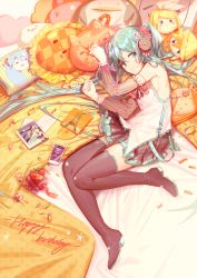 1girl absurdres apple black_boots black_skirt blouse blue_eyes blue_hair blue_nails boots detached_sleeves facial_mark female_focus food frilled_shirt frills fruit full_body hair_between_eyes hair_spread_out hatsune_miku highres kagamine_len kagamine_rin long_hair long_sleeves looking_at_viewer lying miniskirt nail_polish on_side pleated_skirt see-through_clothes shirt skirt sleeveless sleeveless_shirt solo striped_sleeves thigh_boots thighhighs twintails very_long_hair vocaloid white_shirt yyb zettai_ryouiki