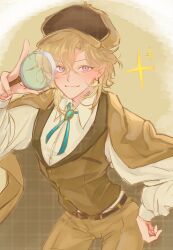 1boy alternate_costume aventurine_(honkai:_star_rail) belt blonde_hair bolo_tie collared_shirt cowboy_shot detective hair_between_eyes hand_up hat highres holding holding_magnifying_glass honkai:_star_rail honkai_(series) jacket long_hair long_sleeves looking_at_viewer magnifying_glass male_focus open_mouth pants purple_eyes shirt short_hair simple_background smile solo sparkle vest white_shirt yesyuka_nottoko