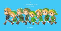 6+boys :o belt black_eyes blonde_hair blue_background blue_eyes blue_tunic boots brown_belt brown_boots brown_gloves brown_pants brown_sleeves champion&#039;s_tunic_(zelda) closed_mouth commentary_request copyright_request earrings fold-over_boots gloves green_hat green_tunic hat highres jewelry layered_sleeves link long_sleeves male_focus maya_(mayamayammy) multiple_boys multiple_persona nintendo open_mouth pants parted_lips pointy_ears running short_over_long_sleeves short_sleeves sidelocks signature simple_background smile the_legend_of_zelda the_legend_of_zelda:_link&#039;s_awakening the_legend_of_zelda:_ocarina_of_time the_legend_of_zelda:_skyward_sword the_legend_of_zelda:_tears_of_the_kingdom the_legend_of_zelda:_the_wind_waker the_legend_of_zelda:_twilight_princess toon_link triforce tunic walking white_pants