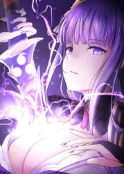 blunt_bangs breasts cleavage drawing_sword genshin_impact glowing glowing_eyes holding holding_sword holding_weapon lightning looking_at_viewer purple_nails raiden_shogun ram_hachimin sword weapon