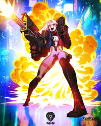 1girl artist_name breasts commission cyberpunk_(series) cyberpunk_edgerunners cyborg explosion firing full_body gun heel_up highres holding holding_gun holding_weapon leg_tattoo mechanical_arms open_mouth red_eyes short_eyebrows solo sykosan tattoo teeth upper_teeth_only v-shaped_eyebrows weapon white_hair