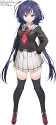 1girl absurdres assault_lily black_serafuku blue_hair blue_ribbon blush breasts character_name character_profile closed_mouth full_body grey_eyes hair_ribbon hand_on_own_hip highres iwashita_kiriko large_breasts loafers long_hair long_sleeves looking_at_viewer low_twintails nauribon necktie pleated_skirt ribbon school_uniform serafuku shoes short_necktie simple_background skirt smile solo standing tented_shirt thighhighs thighs tsurime twintails very_long_hair white_background