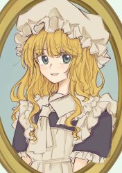 1girl :d apron ascot black_dress blonde_hair cleaning_maid_(touhou) dress frilled_sleeves frills green_eyes happy hat highres looking_at_viewer maid maid_apron medium_hair mob_cap open_mouth portrait_of_exotic_girls puffy_short_sleeves puffy_sleeves short_sleeves smile solo touhou upper_body uzumibi white_apron white_ascot white_hat