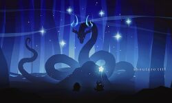 artist_name blue_theme creature dragon english_text forest glowing glowing_eyes highres horns hoshikui multiple_others nature night no_humans original outdoors shoutarou_(shoutarotttt) sparkle star_(sky) star_(symbol) tentacles