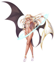 1girl aoi_nagisa_(metalder) bare_legs blonde_hair blue_eyes blush breasts cameltoe convenient_censoring curvy dark-skinned_female dark_skin detached_sleeves duplicate energy fake_wings female_focus fingernails full_body futaba_lili_ramses hair_ribbon hand_on_own_hip hands_on_own_hips high_heels highleg highleg_leotard highres leotard lilith-soft long_hair looking_at_viewer magical_girl official_art puffy_detached_sleeves puffy_sleeves revealing_clothes ribbon see-through_clothes see-through_leotard small_breasts solo standing taimanin_(series) taimanin_rpgx tentacle_and_witches thong_leotard twintails wide_hips wings