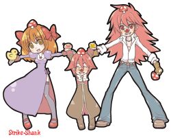 1girl 2000s_(style) 2boys arms_up artist_name baby_animal belt_pouch bird bird_on_hand black_thighhighs blacksmith_(ragnarok_online) blue_pants bow bowtie brown_eyes brown_gloves brown_hair chick closed_eyes coat commentary_request dress drops_(ragnarok_online) family full_body gloves hair_bow heart heart_necklace holding holding_mushroom jewelry john_(strike-shank) juliet_sleeves long_hair long_sleeves looking_at_viewer multicolored_coat multiple_boys mushroom mushroom_on_head necklace open_mouth pants pink_hair poring pouch priest_(ragnarok_online) puffy_sleeves purple_dress ragnarok_online red_bow red_coat red_eyes shirt short_hair side_slit simple_background slime_(creature) smile thighhighs transparent_background two-tone_coat white_bow white_bowtie white_shirt
