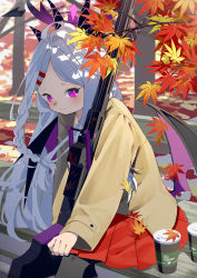 1girl absurdres ahoge alternate_costume alternate_hairstyle autumn_leaves bench blue_archive blurry braid casual coffee_mug commentary_request cup demon_girl demon_horns demon_wings depth_of_field disposable_cup forehead gun hair_ornament hairclip halo highres hina_(blue_archive) horns leaf leaning_forward long_hair long_sleeves looking_at_viewer machine_gun maple_leaf mg42 mug on_bench park_bench parted_bangs purple_eyes sidelocks single_braid sitting smile solo weapon white_hair wings yuki_hishaku
