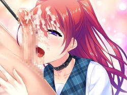 1boy 1girl after_fellatio ayase_hazuki bdsm black_collar blue_sailor_collar blush censored clothed_female_nude_male collar collarbone collared_shirt cum cum_on_body cum_on_hair facial game_cg hair_between_eyes half-closed_eyes heart_pendant kurumizaka_rui leash long_hair mosaic_censoring nude open_mouth penis plaid_clothes plaid_sailor_collar purple_eyes red_hair sailor_collar sailor_shirt saliva saliva_trail shirt slave testicles tsundere_idol_wa_boku_dake_no_m_pet twintails very_long_hair white_shirt