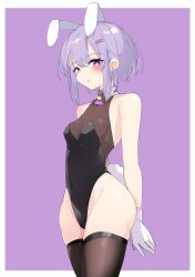 1girl animal_ears bare_shoulders black_leotard fake_animal_ears gloves hair_ornament highres leotard playboy_bunny pout purple_eyes purple_hair short_hair solo tail thighhighs voiceroid yuzuki_yukari yuzuki_yukari_(shizuku) zooanime