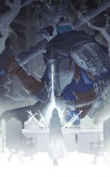 1boy 1girl armor brother_and_sister duchess_(elden_ring) elden_ring elden_ring_nightreign geranbb gloves helmet highres holding holding_sword holding_weapon hood siblings sword weapon winged_helmet wylder_(elden_ring)