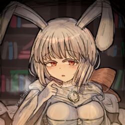 1girl animal_ears black_souls black_souls_2 blush bookshelf bow braid braided_ponytail breasts clock_necklace colored_eyelashes dress floppy_ears hair_bow hand_up library long_hair long_sleeves looking_at_viewer node_(black_souls) orange_bow parted_lips rabbit_ears red_eyes sidelocks white_dress white_eyelashes white_hair xun_lin_(pixiv_93392103)