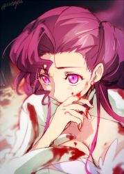 1girl blood blood_on_clothes blood_on_face breasts cleavage code_geass covering_own_mouth creayus earrings euphemia_li_britannia female_focus geass hand_over_own_mouth jewelry large_breasts long_hair pink_eyes purple_hair signature solo spoilers upper_body