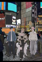 1girl 3boys animal black_blindfold black_hair blindfold box_truck car city commentary_request cropped_cardigan crosswalk earrings eye_contact full_body fushiguro_megumi gojou_satoru gyokuken hand_in_pocket highres itadori_yuuji jewelry jujutsu_kaisen kugisaki_nobara letterboxed light_brown_hair looking_at_another motor_vehicle multiple_boys night pink_hair short_hair smile spiked_hair takeuchi_ryousuke truck white_hair wolf