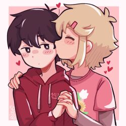 2boys alternate_costume antenna_hair basil_(faraway)_(omori) basil_(omori) black_eyes black_hair blonde_hair blush bright_pupils closed_eyes closed_mouth hair_ornament hairclip hand_on_another&#039;s_shoulder highres holding_hands hood hoodie kiss kissing_cheek long_sleeves multiple_boys omori pink_shirt red_hoodie shirt short_hair shxro524 sunny_(omori) t-shirt white_pupils yaoi