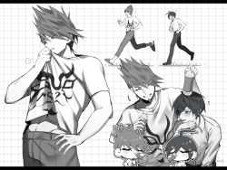 2boys ahoge bottle chibi chibi_inset clothes_lift collarbone collared_shirt commentary danganronpa_(series) danganronpa_v3:_killing_harmony drinking facial_hair flying_sweatdrops gaba33 goatee greyscale grid_background highres holding holding_bottle male_focus momota_kaito monochrome multiple_boys multiple_views notice_lines obliques outline pants print_shirt purple_eyes running saihara_shuichi shirt shirt_lift shirt_tucked_in shoes short_hair signature slippers smile spiked_hair spot_color sweat symbol-only_commentary teeth