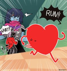 Rule 34 | 1boy, 1other, absurdres, ant tenna, armor, black pants, blue hair, blue skin, cape, colored skin, commentary, crt, deltarune, electric plug, electric plug tail, emphasis lines, english commentary, english text, heart, highres, kris (dark world) (deltarune), kris (deltarune), necktie, object head, outline, pants, partially shaded face, pink cape, pipispaints, running, shirt, soul (deltarune), speech bubble, sweat, tail, tailcoat, twitter username, utdr (toby fox), white outline, white shirt, yellow necktie
