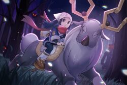 1girl akari_(pokemon) alpha_pokemon black_hair brown_shoes commentary_request eyelashes floating_scarf forest gen_2_pokemon glowing glowing_eyes grass grey_eyes headscarf highres jacket long_hair nature night nintendo outdoors pokemon pokemon_(creature) pokemon_legends:_arceus red_scarf riding riding_pokemon scarf shirt shoes sitting skirt socks sweatdrop teeth tree ursaring wyrdeer yibuzhai