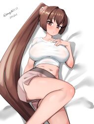 Rule 34 | 1girl, absurdres, alternate costume, breasts, brown eyes, brown hair, brown shorts, dated, feet out of frame, highres, kantai collection, large breasts, long hair, looking at viewer, lying, maru (marg0613), navel, one-hour drawing challenge, ponytail, shirt, shorts, solo, twitter username, very long hair, white shirt, yamato (kancolle)