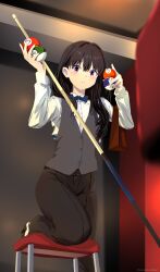 Rule 34 | 1girl, absurdres, ball, billiard ball, black hair, black pants, blue bow, blue bowtie, bow, bowtie, commentary request, cookie, cue stick, dress shirt, food, grey vest, highres, holding cue stick, inoue takina, long hair, long sleeves, looking at viewer, lycoris recoil, open mouth, pants, purple eyes, sengoku chidori, shirt, solo, vest, white shirt