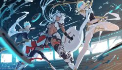 1boy 2girls animal_ears armor bare_legs bikini_armor black_gloves black_pants blonde_hair blue_eyes bodypaint breasts brother_and_sister caenis_(fate) caenis_(second_ascension)_(fate) castor_(fate) commentary_request dark-skinned_female dark_skin fate/grand_order fate_(series) gloves highres holding holding_polearm holding_shield holding_sword holding_weapon legs medium_breasts multiple_girls navel olympus_(fate/grand_order) open_mouth pants polearm pollux_(fate) shield short_hair siblings sideboob splashing stomach sword teeth uda_(xax_057) weapon white_hair